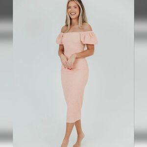 Elegant Peach Off-Shoulder Midi Dress